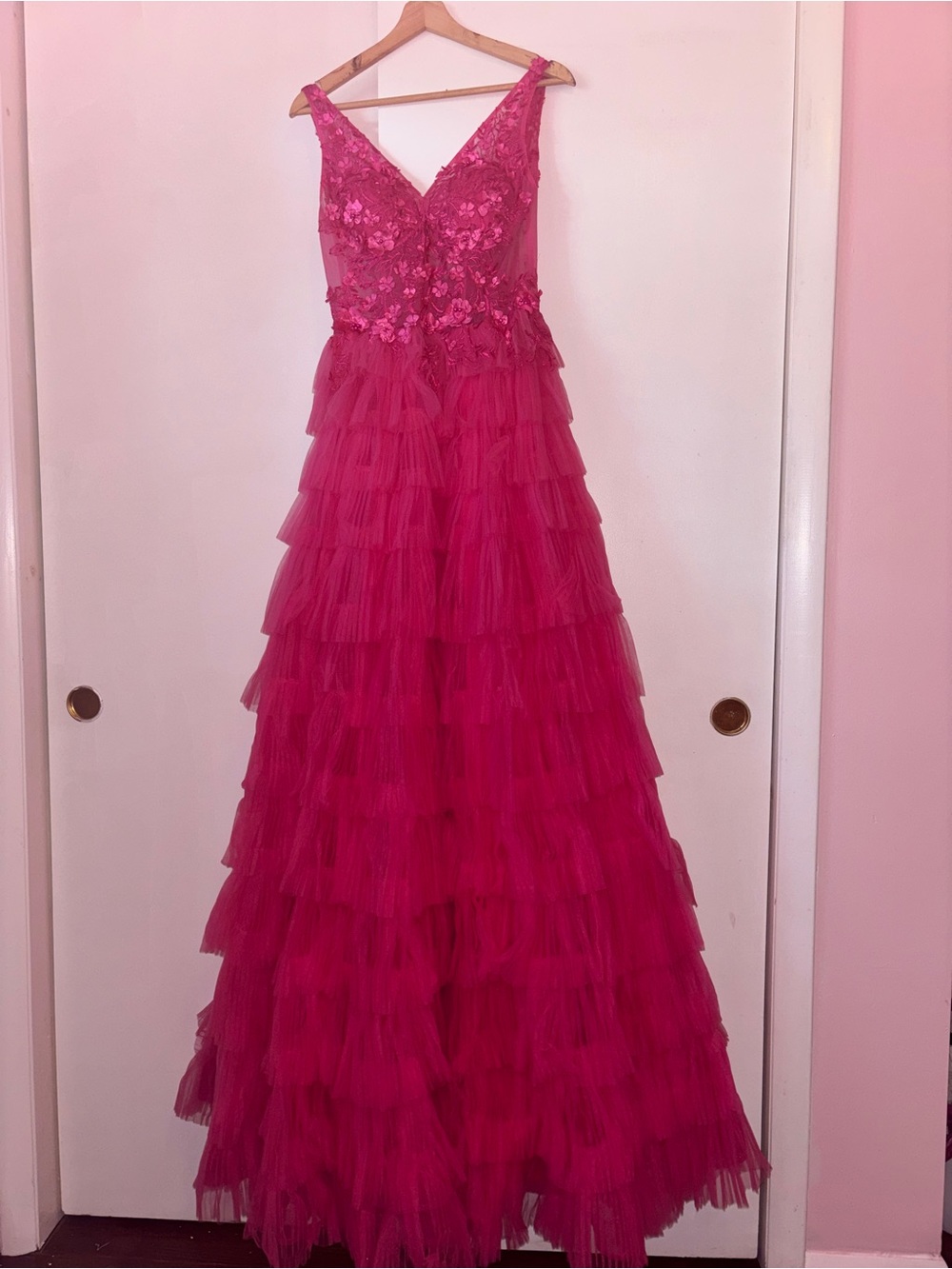 Jovani Vibrant Fuchsia Lace and Satin Evening Dress